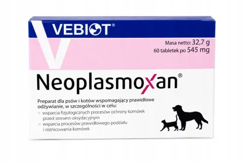 Opakowanie preparatu Neoplasmoxan dla psów i kotów z wizerunkiem psa i kota.