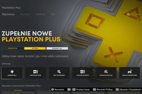 Menu PlayStation Plus z opcją "EXTRA" podświetloną na żółto. Odkryj nowe gry i korzyści subskrypcji.