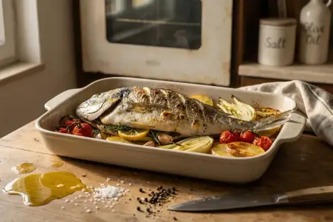 Dorade royale entière, rôtie au four avec des pommes de terre, tomates cerises, fenouil et citron. Un plat savoureux prêt à être dégusté.