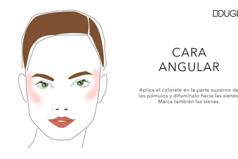 Ilustración de un rostro angular con rubor rosado aplicado en los pómulos y difuminado hacia las sienes.