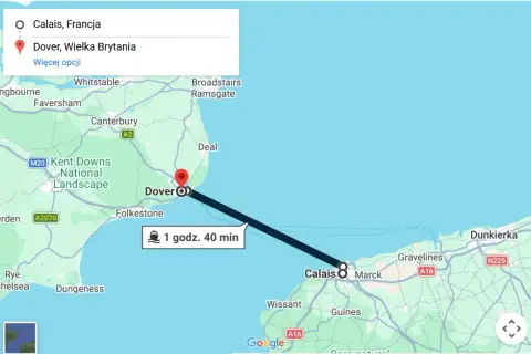 Trasa promowa z Calais do Dover, Wielka Brytania, zajmuje 1 godzinę i 40 minut.