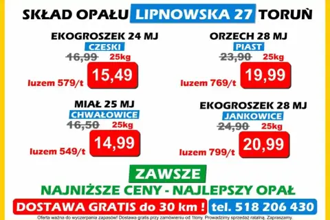 Ceny węgla: ekogroszek od 579 zł/t, orzech od 769 zł/t, miał od 549 zł/t. Dostawa gratis do 30 km.