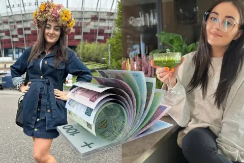 Ania z Rolnik szuka żony w wianku i dżinsowej sukience, obok stos banknotów. Po drugiej stronie Ania z zielonym koktajlem.