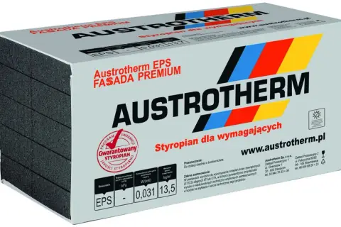 Opakowanie styropianu Austrotherm EPS Fasada Premium, z widocznym oznaczeniem EPS i parametrami technicznymi.