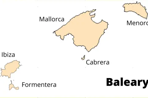 Mapa przedstawia Baleary, archipelag wysp Hiszpanii: Majorkę, Minorkę, Ibizę, Formenterę i Cabrerę.