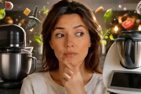 Kobieta zastanawia się, czy wybrać robota kuchennego Cobbo 7, czy Thermomix. Wokół unoszą się składniki.