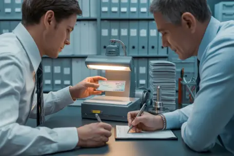 Deux hommes vérifient un chèque sous une lampe. L'un tient le chèque, l'autre remplit un formulaire, processus de depot cheque.