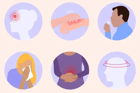 Symptômes d'une allergie à la bière : maux de tête, éruptions cutanées, toux, nez qui coule, douleurs abdominales et vertiges.