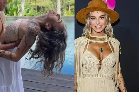 Kasia Nast, znana z odważnych stylizacji, w zwiewnej sukni i z tatuażami. Na drugim zdjęciu w kapeluszu i boho kreacji.