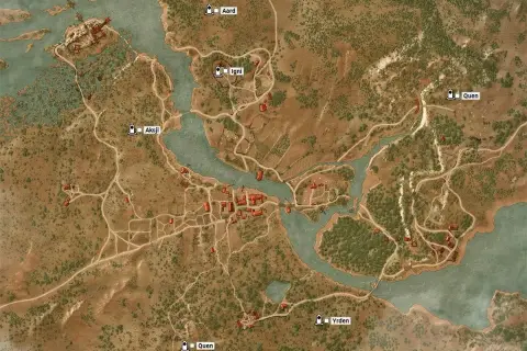 Mapa Toussaint z zaznaczonymi miejscami mocy: Aard, Igni, Aksji, Quen i Yrden.