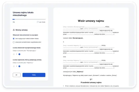 Formularz tworzenia umowy najmu mieszkania. Określanie stron umowy, właściciela i liczby najemców. Różne rodzaje najmu mieszkania.