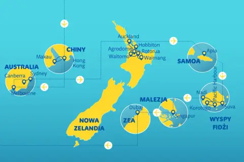 Mapa podróży po Australii, Nowej Zelandii i wyspach Pacyfiku. Zobacz połączenia lotnicze z Chin, Malezji i ZEA do **Oceania**.
