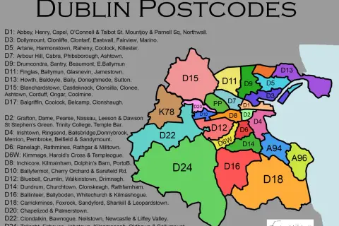 Mapa kolorowych stref z numerami kodów pocztowych Dublin. Znajdź swój **dublin kod pocztowy** na tej mapie.