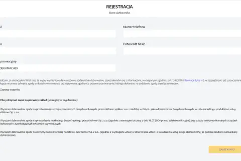 Formularz rejestracyjny eWinner z polem na kod promocyjny PROBUKMACHER. Zgody marketingowe i zwrot za pierwszy zakład.