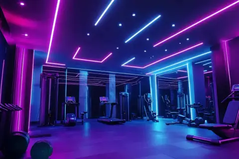 Nowoczesne oświetlenie sali gimnastycznej w neonowych barwach różu i błękitu tworzy futurystyczną atmosferę.