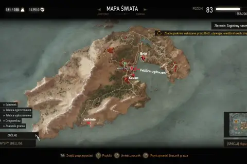 Mapa świata z zaznaczonymi lokacjami na wyspach Skellige: Britt, Wieś Svorl, Kevan i Jaskinia.