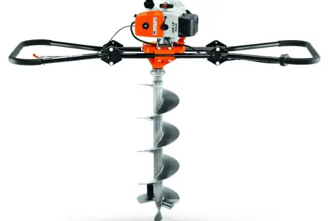 Leistungsstarke erdbohrer maschine mit orange-weißem Motor und großem Bohrer für schnelle Erdloch-Erstellung.