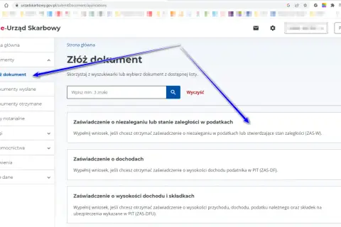 Wybierz opcję "Zaświadczenie o niezaleganiu lub stanie zaległości w podatkach" na stronie e-Urzędu Skarbowego, aby złożyć wniosek.