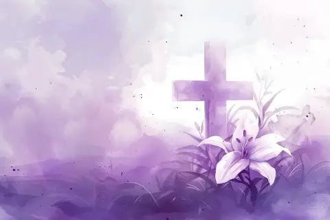 Fioletowy krzyż i lilia na tle akwarelowych chmur. Jak w psalmie 86, nadzieja rozkwita.