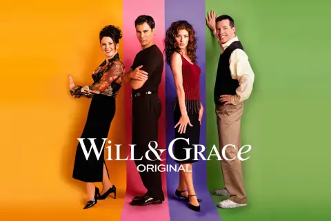 Cztery postacie z serialu **Will & Grace** stoją na tle kolorowych pasów.