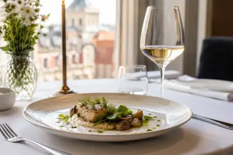 Eleganckie danie rybne z ziołami i ziemniaczkami, serwowane w restauracji z gwiazdką Michelin w Polsce. Kieliszek białego wina i bukiet kwiatów dopełniają atmosferę.