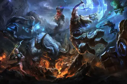 Draven i jego sojusznicy walczą z potężnym bykiem i innymi wrogami w epickiej bitwie.
