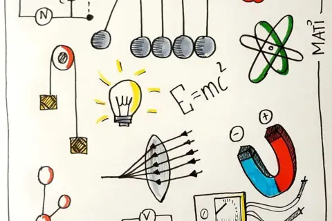 Fizyka w pigułce: wahadło Newtona, żarówka, soczewka, magnes, atom, wzór E=mc². Co to jest oś? To linia, wokół której coś się obraca.