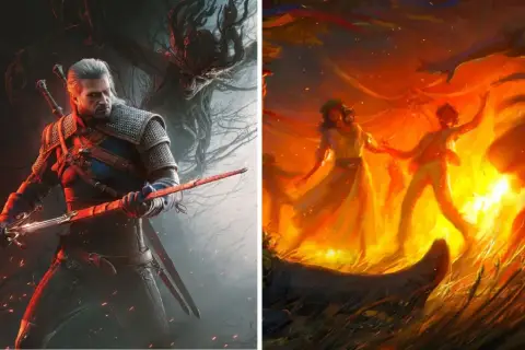 Geralt z Rivii gotowy do walki z potworem, a obok taniec przy ognisku. Zapowiedź wiedźmin 3 nowy dodatek.