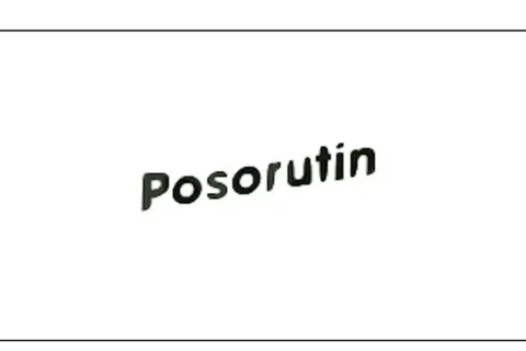 Napis "Posorutin" w kolorze czarnym, lekko pochylony, na białym tle.