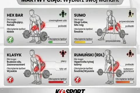 Ilustracja przedstawia cztery rodzaje martwego ciągu: Hex Bar, Sumo, Klasyk i Rumuński (RDL), z opisem grup mięśniowych i obciążenia lędźwi.