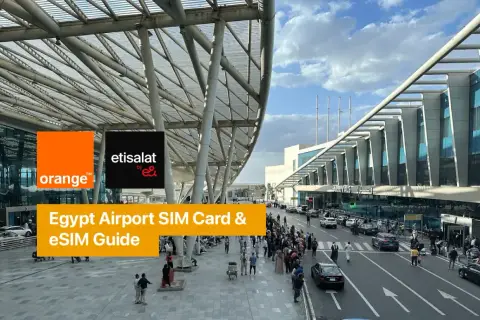 Nowoczesne lotniska w Egipcie, z logotypami Orange i Etisalat. Przewodnik po kartach SIM i eSIM na lotniskach w Egipcie.