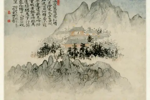 A traditional Chinese painting depicts a serene mountain landscape with a temple nestled among trees. Calligraphy adorns the left side.