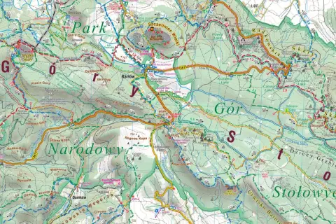 Góry Stołowe Polska: mapa turystyczna z zaznaczonymi szlakami, punktami widokowymi i atrakcjami.
