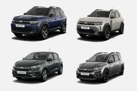 Cztery modele Dacia: Bigster, Duster, Sandero i Jogger. Wyobraź sobie, że to ich wersje dacia hybryda, gotowe na przyszłość.