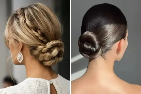 Dos recogidos elegantes, uno trenzado y otro liso, perfectos para una invitada de boda.