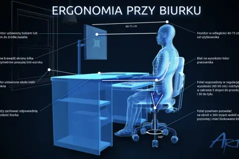 Prawidłowa ergonomia pracy przy biurku: monitor na wyciągnięcie ręki, blat na wysokości łokci, fotel z regulacją.