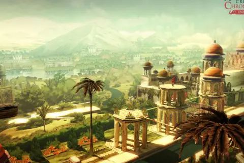 Widok na miasto z gry Assassin's Creed Chronicles India. Architektura z kopułami, palmy i góry w tle.
