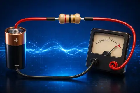 Bateria, rezystancja i miernik tworzą obwód elektryczny. Niebieskie fale energii pulsują.
