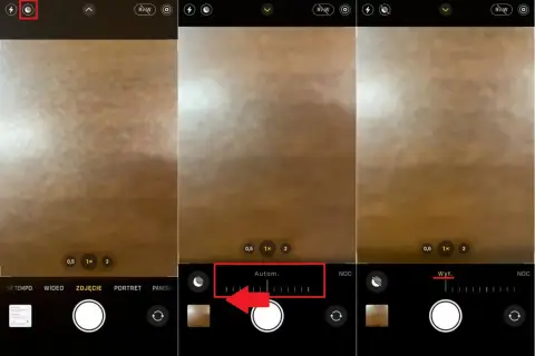 Trzy ekrany iPhone'a pokazujące ustawienia trybu nocnego. Na pierwszym widać ikonę trybu nocnego, na drugim suwak "Autom.", a na trzecim "Wył.".