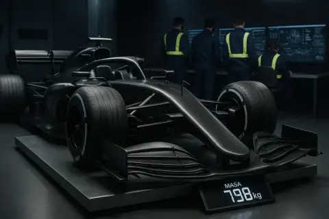 Czarny bolid F1 na wadze pokazuje, ile waży bolid F1: 798 kg. Zespół inżynierów analizuje dane.