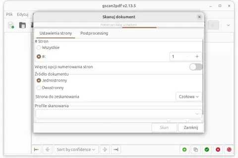 Okno programu gscan2pdf z ustawieniami skanowania dokumentu. Widoczne opcje numeracji stron, źródła dokumentu (jednostronny/dwustronny) i profilu skanowania. Program obsługuje OCR.