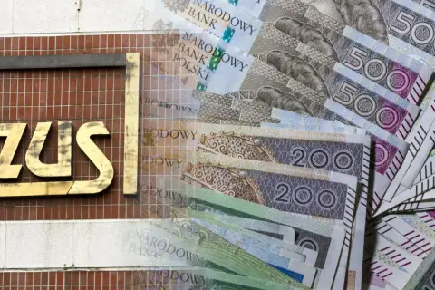 ZUS co to? Złote banknoty 500 i 200 zł leżą obok logo ZUS.