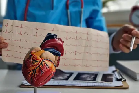Model serca i EKG na stole lekarskim. W tle lekarz w niebieskim fartuchu, stetoskop i dokumentacja medyczna. To obrazuje pracę z biosotal.