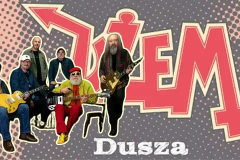 Zespół Dżem, grający piosenki alfabetycznie, pozuje z gitarami. W tle duży napis "Dżem".