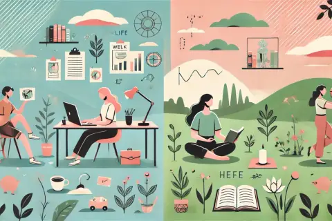 Dwie strony ilustracji pokazują idealny work life balance: praca przy biurku i relaks na łonie natury.