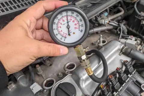 Mężczyzna sprawdza kompresję silnika za pomocą manometru. Wskaźnik pokazuje ok. 170 psi.