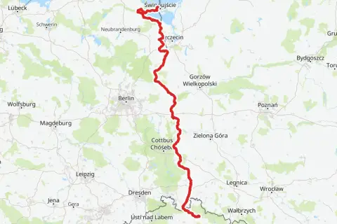 Mapa pokazuje przebieg szlaku rowerowego Odra-Nysa, od Świnoujścia po Czechy. Idealne miejsce na planowanie noclegów.
