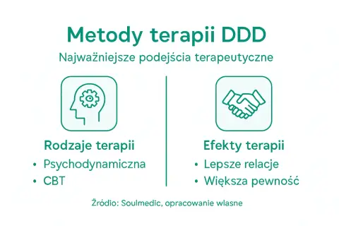 Grafika przedstawia metody terapii DDD: ikonę głowy z kołem zębatym (rodzaje terapii) i ikonę uścisku dłoni (efekty terapii).