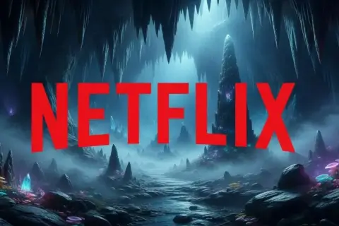 Ciemna, mistyczna jaskinia z kryształami i mgłą. Czerwony napis Netflix zaprasza do świata mega wciągających filmów.