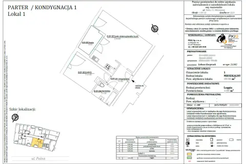 Plan lokalu mieszkalnego z danymi do zaświadczenia o samodzielności lokalu. Widoczny układ pomieszczeń: przedpokój, pokój, łazienka, aneks kuchenny i loggia.